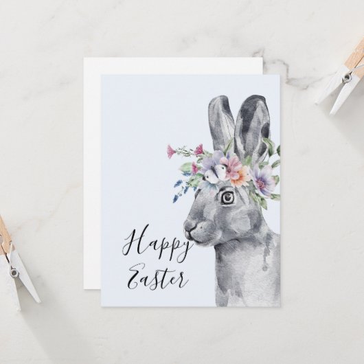 Carte Aquarelle Fleur Couronne Bunny Pâques (Devant/Arrière en situation)