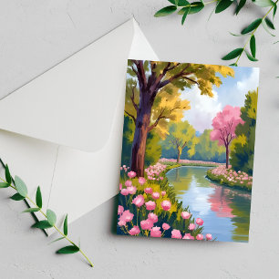 Carte aquarelle fleurie de jardin au bord de la ri