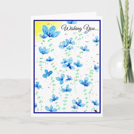 Carte Aquarelle Fleurs Bleues Voeux Anniversaires (Devant)