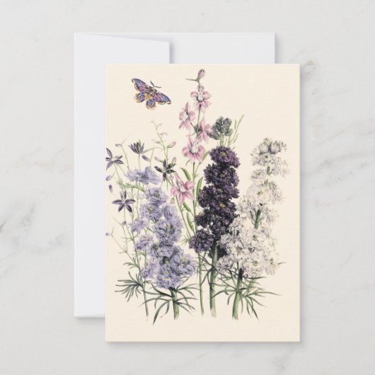 Carte Aquarelle Fleurs de jardin violettes, papillon  (Devant)