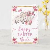 Carte Aquarelle Fleurs roses Agneau Joyeux Pâques (Fleur jaune)