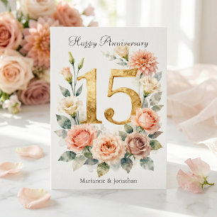Carte Aquarelle Fleurs Roses Or 15e Anniversaire