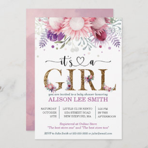 Carte Aquarelle Floral & Or "Son A Girl" Baby shower