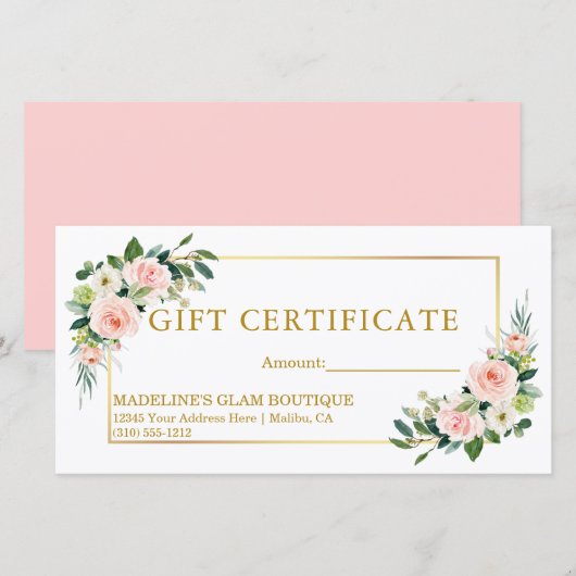Carte Aquarelle Floral Rose Gold Certificat cadeau (Devant / Derrière)