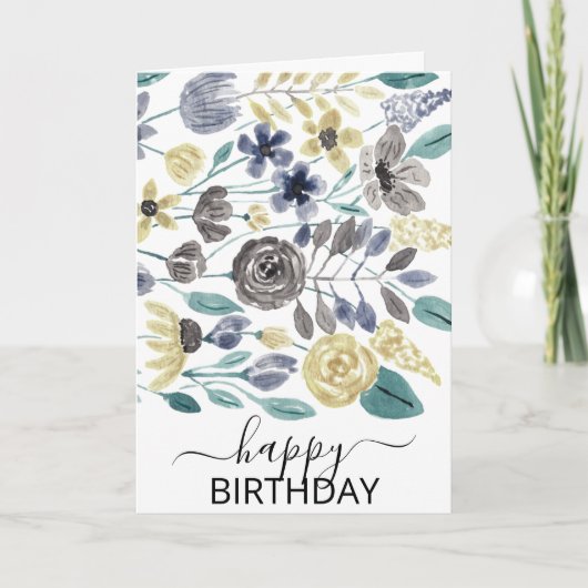 Carte Aquarelle florale jaune gris d'Artsy Joyeux annive (Devant)