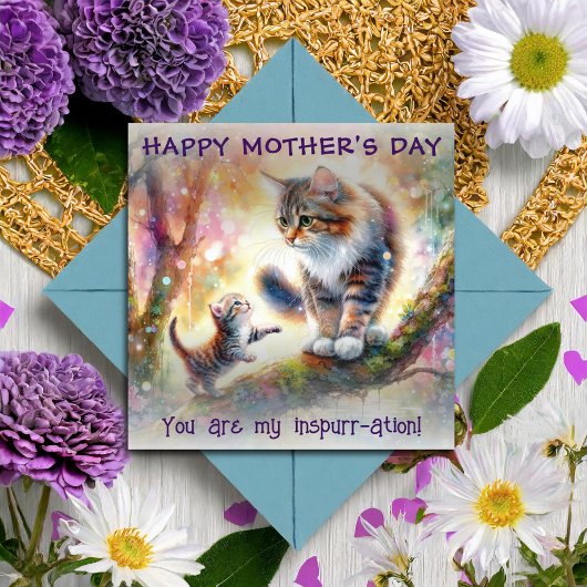 Carte Aquarelle florale Mama Chat et bébé Fête des mères