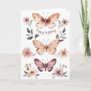 Carte Aquarelle Florales Papillons Joyeux anniversaire
