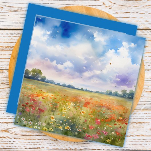 Carte aquarelle Flower Field avec Merci de nuages