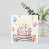 Carte Aquarelle Gâteau d'anniversaire avec bougies et ba (Debout devant)