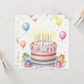 Carte Aquarelle Gâteau d'anniversaire avec bougies et ba (Devant/Arrière en situation)