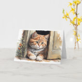Carte Aquarelle Ginger Chat Anniversaire (Fleur jaune)