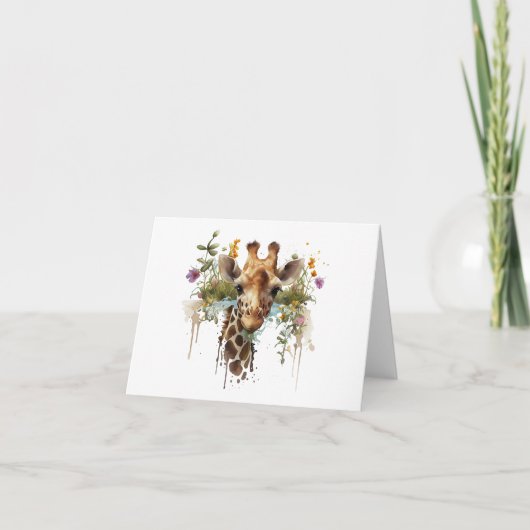 Carte Aquarelle Giraffe avec Fleurs BLANC (Devant)