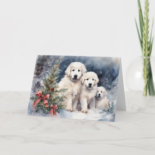 Carte Aquarelle Great Pyrenees Chipies 1 Scene de Noël (Devant)