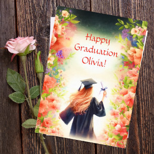 Carte Aquarelle Happy Graduation Blonde Fille Et Fleur