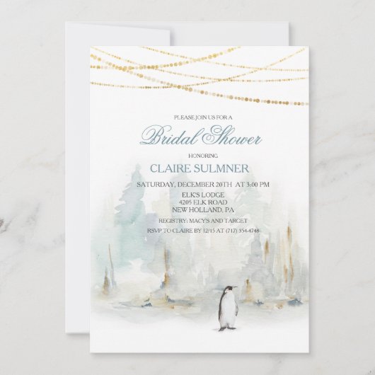 Carte Aquarelle hiver Penguin nuptiale de douche Invitat (Devant)