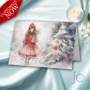 Carte Aquarelle hiver Wonderland Noël Sprée rouge