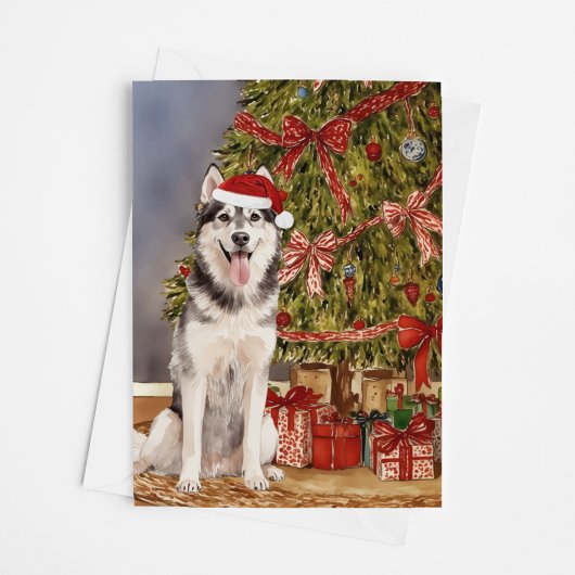 Carte Aquarelle Husky sous l'arbre de Noël
