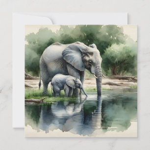 Carte Aquarelle Illustration de maman et bébé éléphant