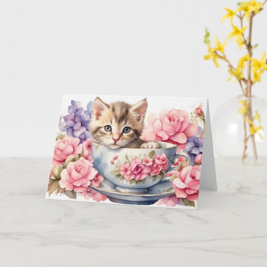 Carte Aquarelle Kitten en Teacup avec Fleurs (Fleur jaune)