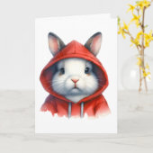 Carte Aquarelle Lapin Blanc en Capuche Rouge  (Fleur jaune)