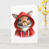 Carte Aquarelle Lapin Brun en Sweat à Capuche Rouge (Fleur jaune)