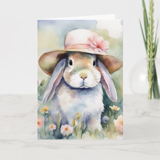 Carte Aquarelle Lapin De Pâques Avec Bonnet (Devant)