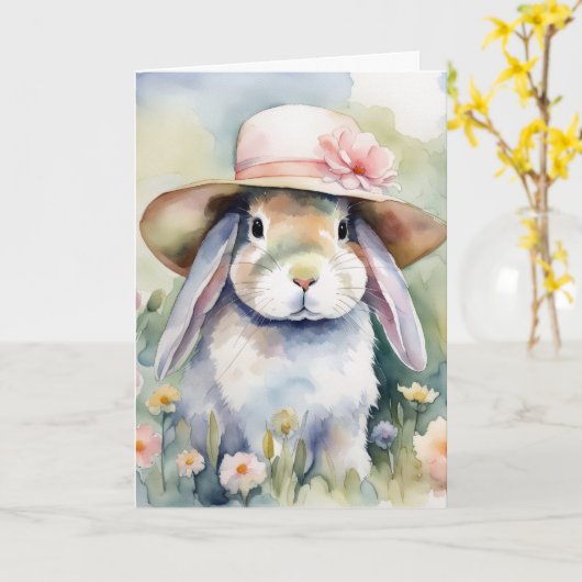 Carte Aquarelle Lapin De Pâques Avec Bonnet (Fleur jaune)