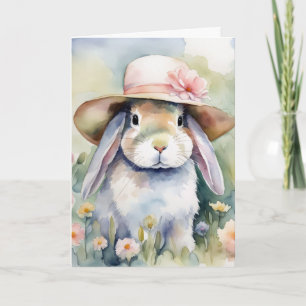 Carte Aquarelle Lapin De Pâques Avec Bonnet