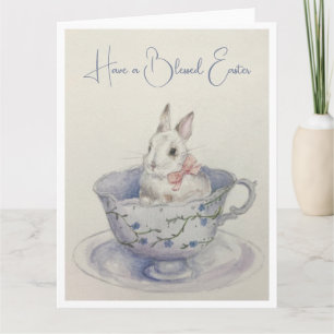 Carte Aquarelle Lapin de Pâques en Teacup Salutation pli