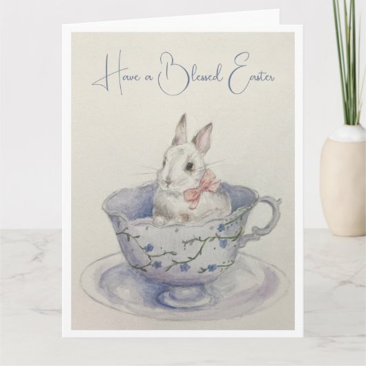 Carte Aquarelle Lapin de Pâques en Teacup Salutation pli (Devant)