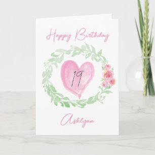 Carte Aquarelle Laurel Coeur rose 19e anniversaire