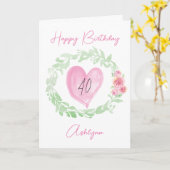 Carte Aquarelle Laurel Coeur rose 40e anniversaire (Fleur jaune)
