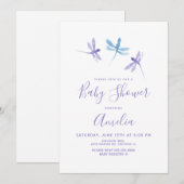 Carte Aquarelle libellule bleu violet Baby shower bleu (Devant / Derrière)