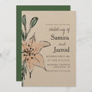 Carte Aquarelle Lily Floral Line Art Ink Mariage Kraft