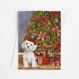 Carte Aquarelle maltaise de chiot sous arbre de Noël