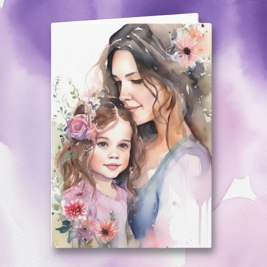 Carte Aquarelle maman et fille | Fête des mères