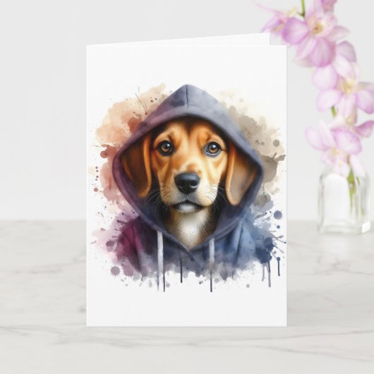 Carte Aquarelle Marron Chien dans un Sweat à Capuche Tac (Orchidée)