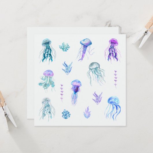 Carte Aquarelle méduse et algues (Devant/Arrière en situation)