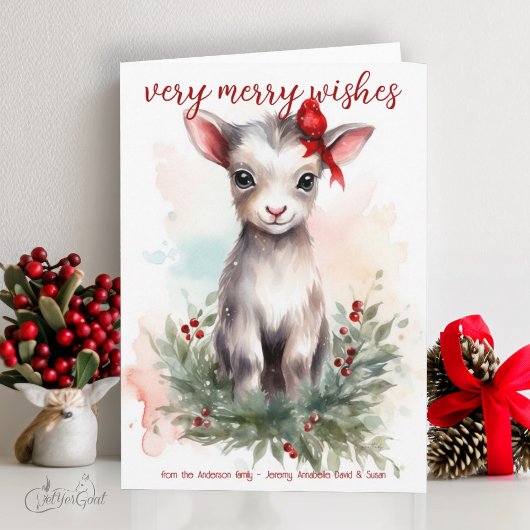 Carte Aquarelle mignonne Bébé Chèvre de Noël Joyeux voeu