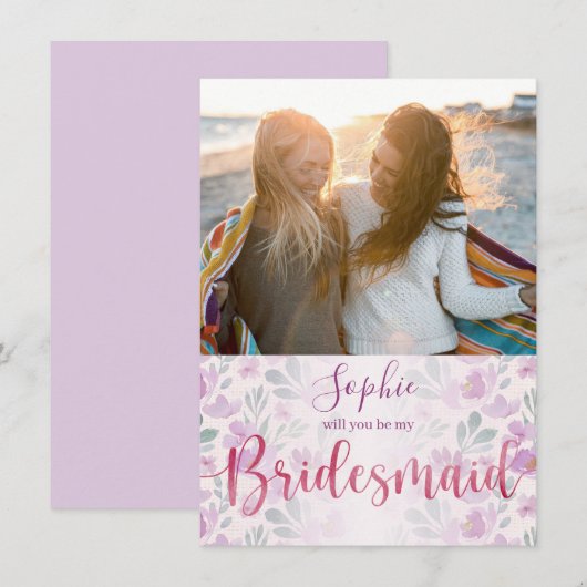 Carte Aquarelle mignonne et fille rose et pourpre (Devant / Derrière)