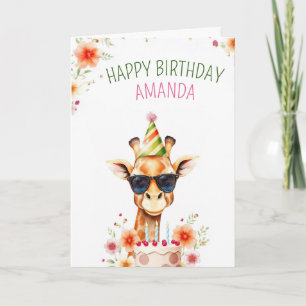 Carte Aquarelle mignonne Giraffe avec Casquette de fête