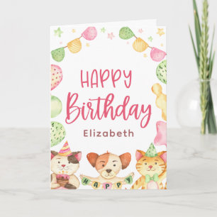 Carte Aquarelle mignonne Joyeux Anniversaire Animal Part