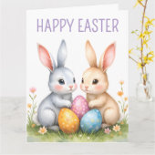 Carte Aquarelle mignonne lapins de Pâques heureux Pâques (Fleur jaune)