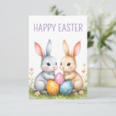 Carte Aquarelle mignonne lapins de Pâques heureux Pâques (Debout devant)