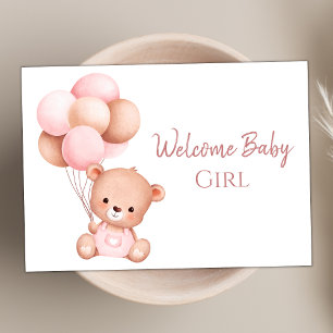Carte Aquarelle mignonne Rose Teddy Ours Bienvenue bébé