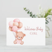 Carte Aquarelle mignonne Rose Teddy Ours Bienvenue bébé (Debout devant)