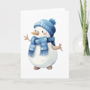 Carte Aquarelle mignonne Snowman avec Ecarf Bleu & Casqu