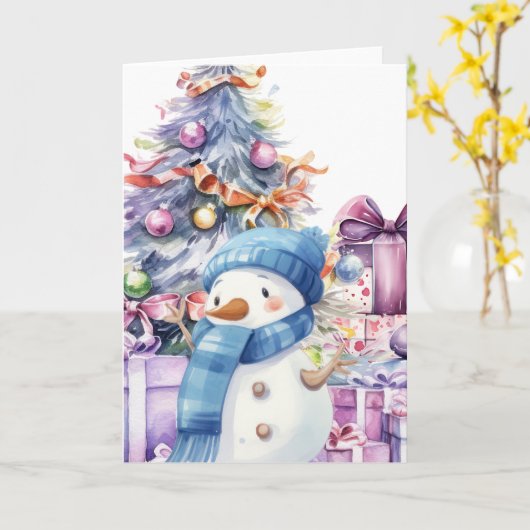 Carte Aquarelle mignonne Snowman avec Écharpe Bleue et A (Fleur jaune)