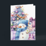 Carte Aquarelle mignonne Snowman avec Écharpe Bleue et A<br><div class="desc">Aquarelle mignonne Snowman avec Écharpe Bleue et Arbre de Noël</div>