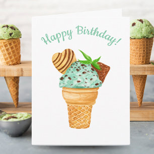 Carte Aquarelle Mint Chocolat Crème glacée Joyeux annive